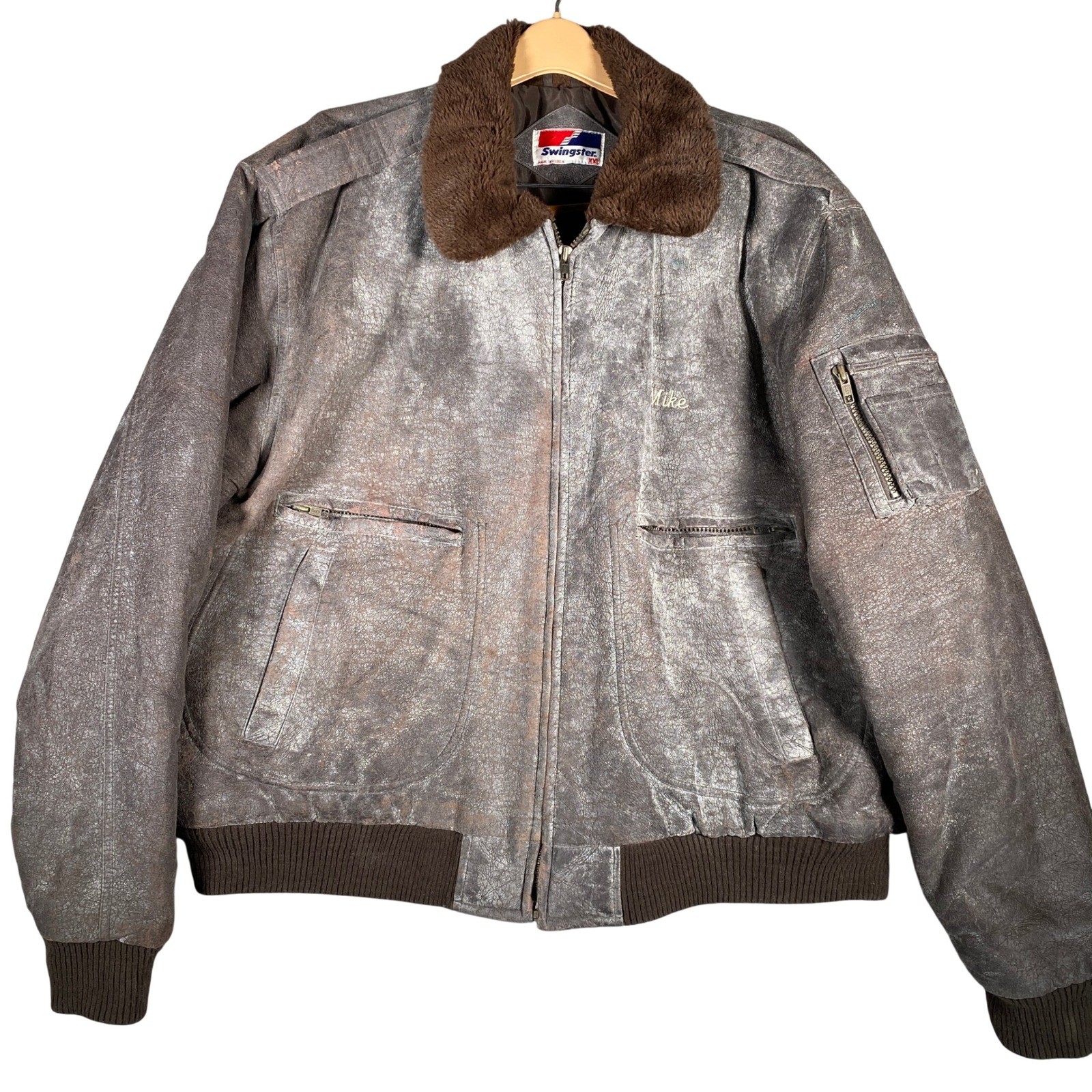 Swingster Vintage Bomber Jacket Faux Fur Collar Distressed Brown LeatherSize XXL