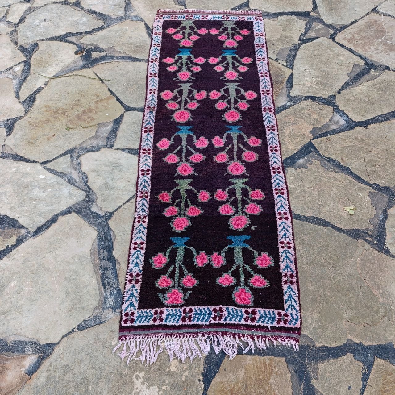 1960s Vintage Algerian Ghardaïa Wool Runner Rug Floral Saharan Handmade