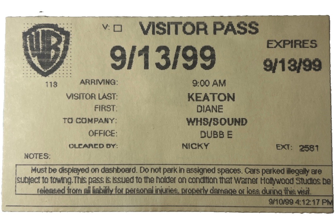 Original 1999 Warner Bros Visitor Pass Diane Keaton Studio Sound