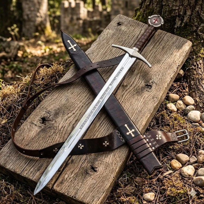Hand Forged Templar Knights Battle Ready Sword, Steel, Brass Guard & Pommel Scab