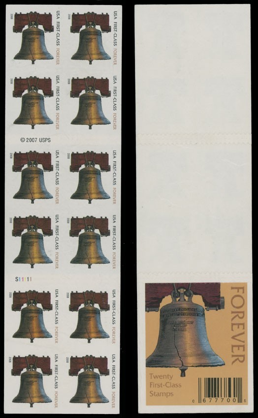 2008, USA LIBERTY BELL BOOKLET PANE OF 12 WITH DIE CUTTING OMITTED, SC.#4127m