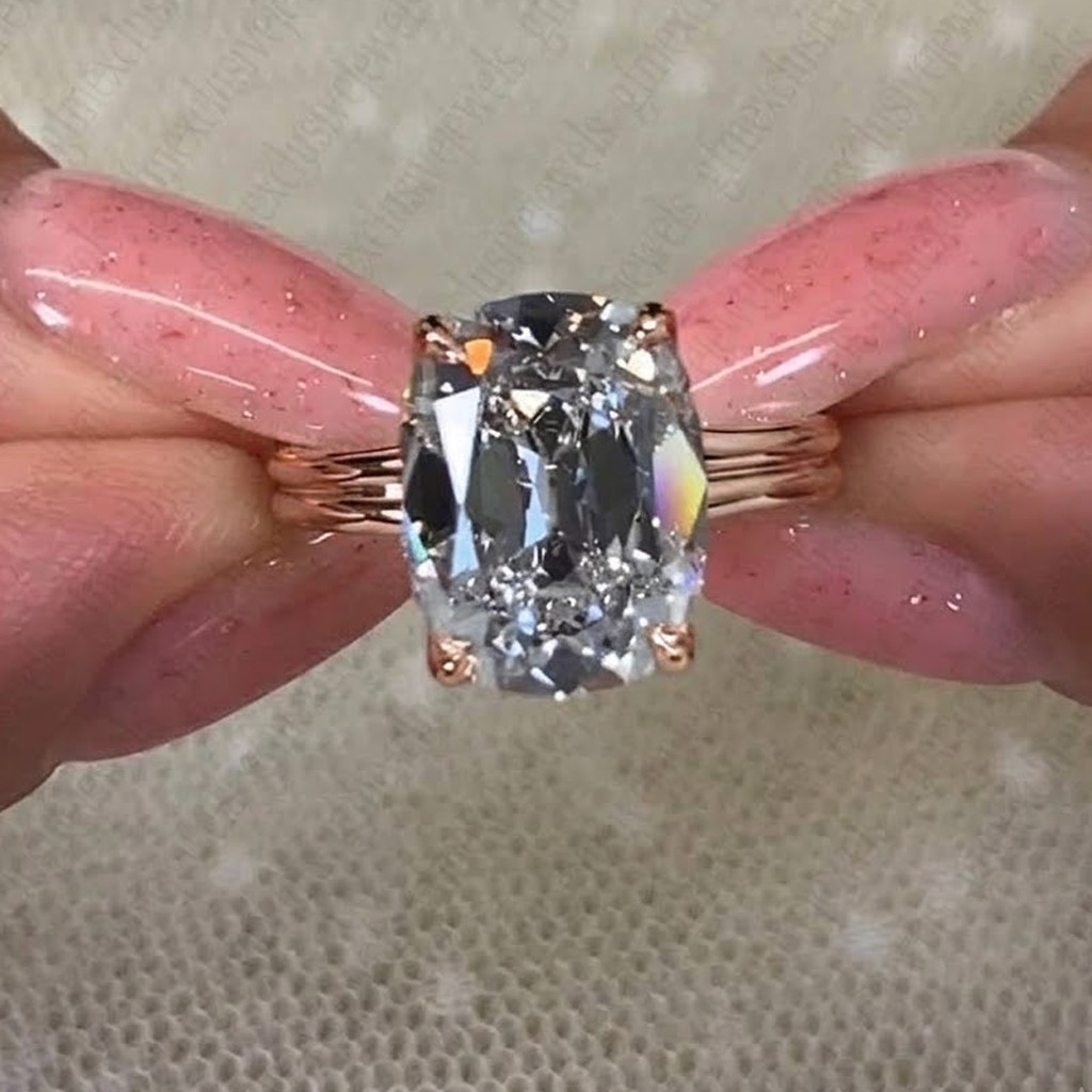 4.00 TCW Elongated Cushion Old Mine Moissanite Engagement Ring In 14K Rose Gold
