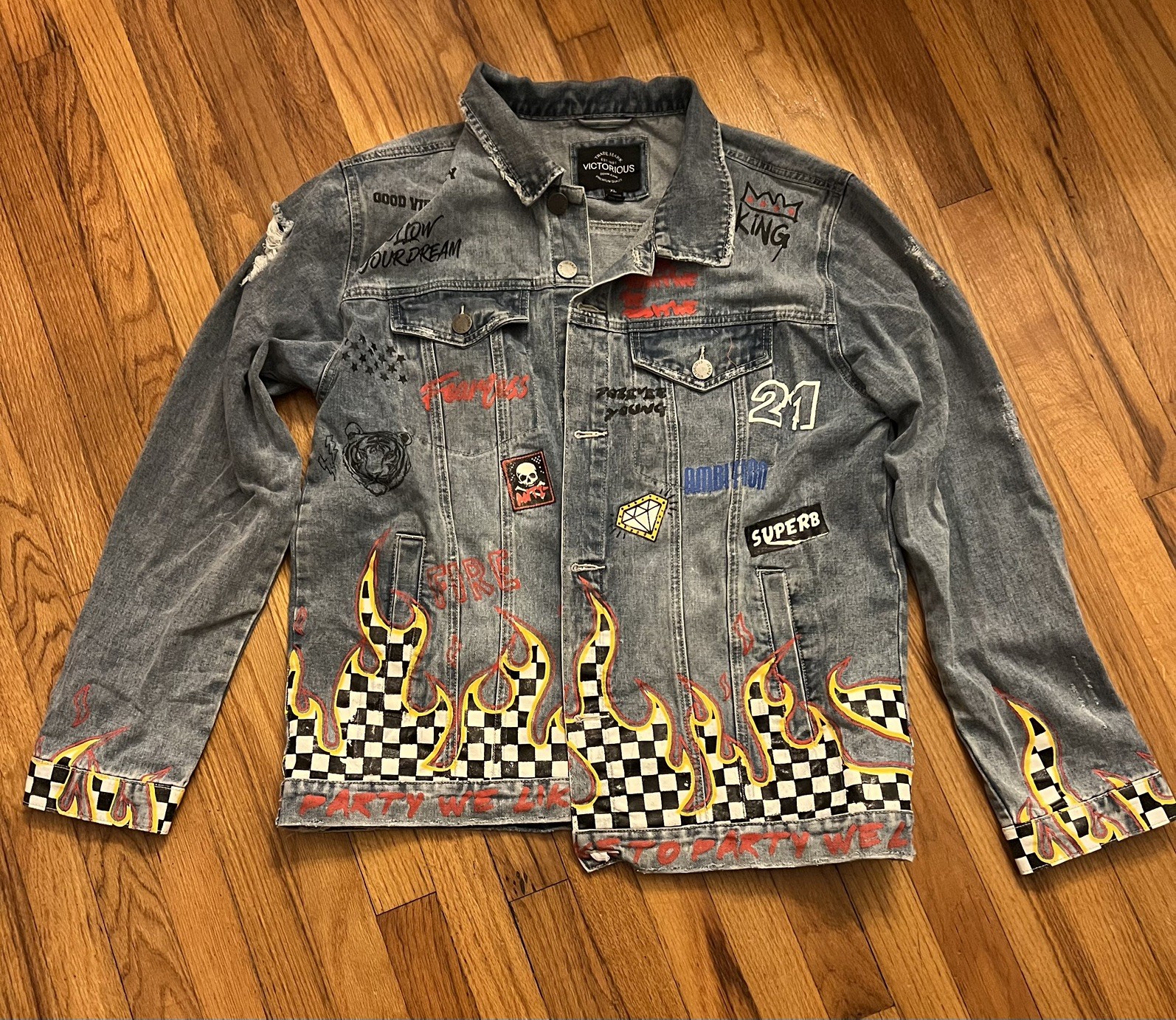 Victorious Men\'s Fashion Printer Casual Party Denim Jean Jacket X LARGE