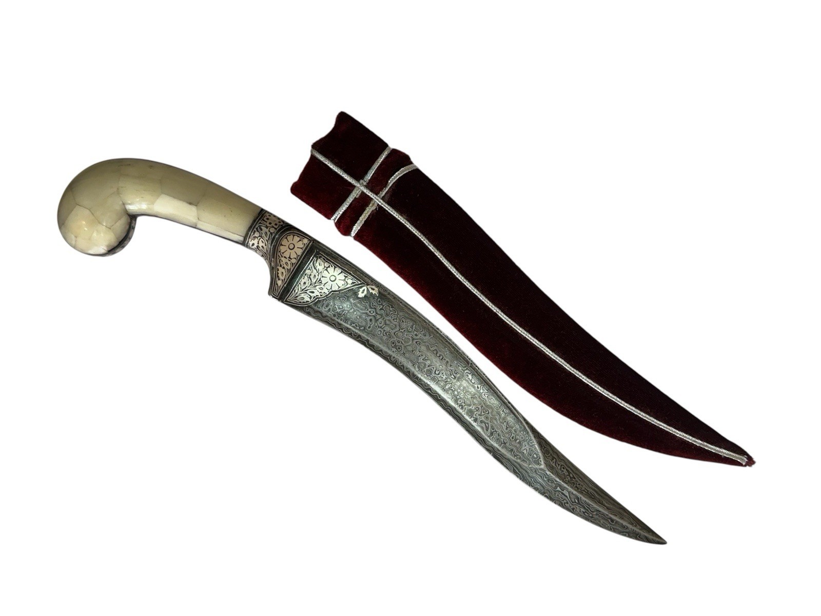 Ottoman Mughal Damascus steel Unsharp Kripan with bone grips & silver koftgari