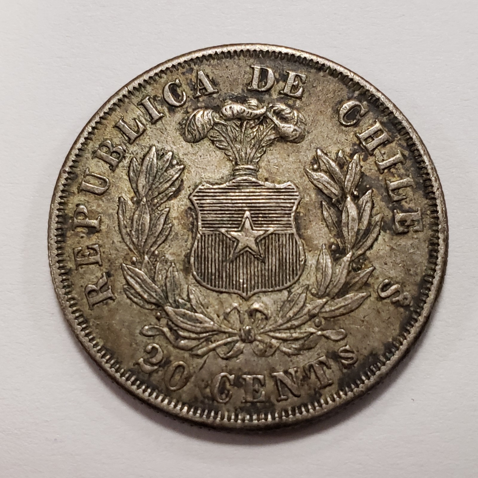 1875 Chile 20 Centavos Silver .1342 ASW - KM138.1 - SCARCE - SKU-Q5668
