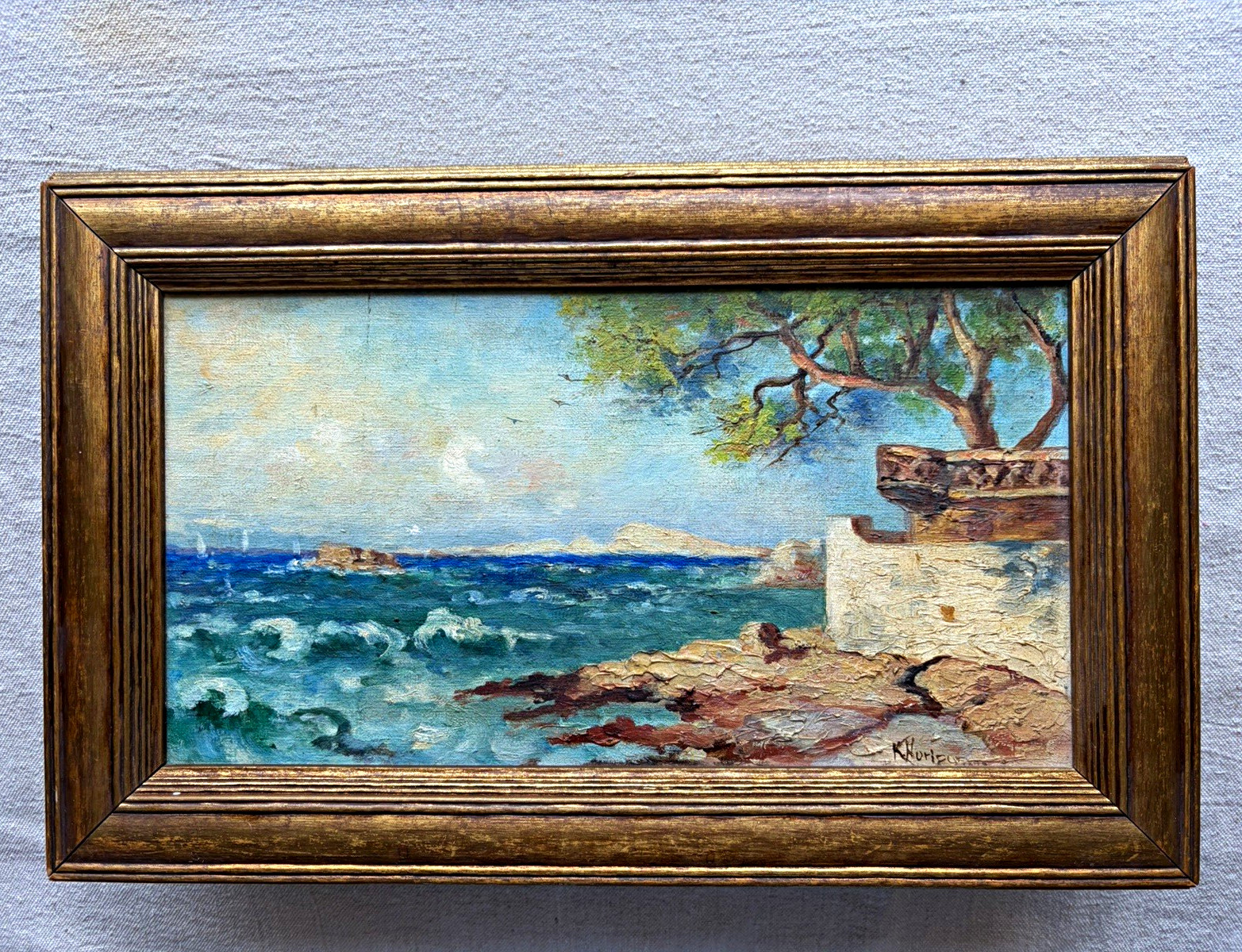 Signed Continental Seascape 14”x7.85” c.1895-1915 Emery, Bird, & Thayer KC