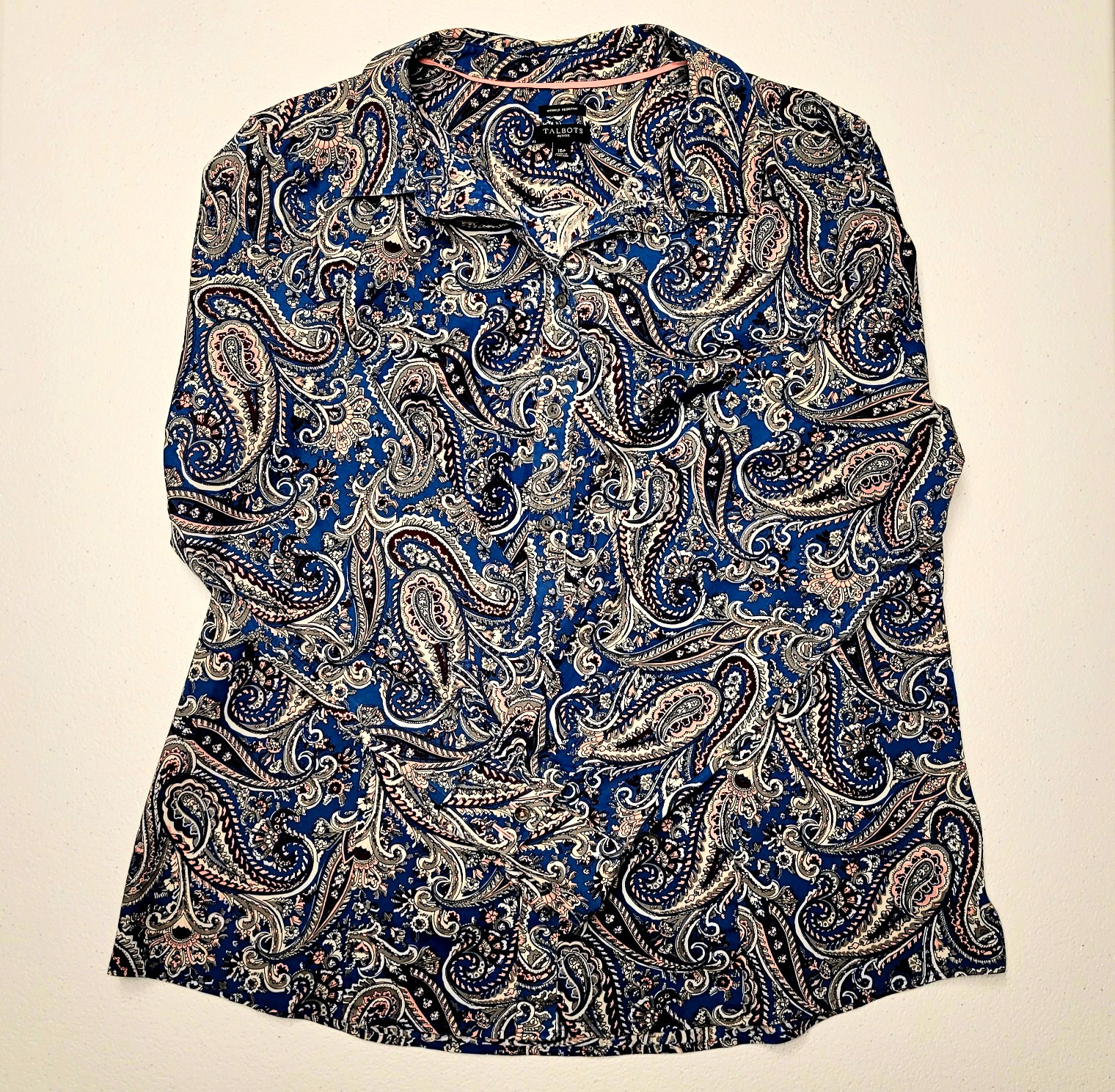 Talbots Paisley Button Down Shirt Blue Pink Gray Womens 16P Petites Cotton Blend