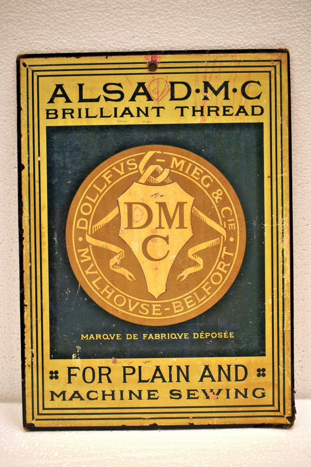 Vintage D.M.C. Brilliant Thread Double Sided Cardboard Sign Dollfus Mieg Mulhous