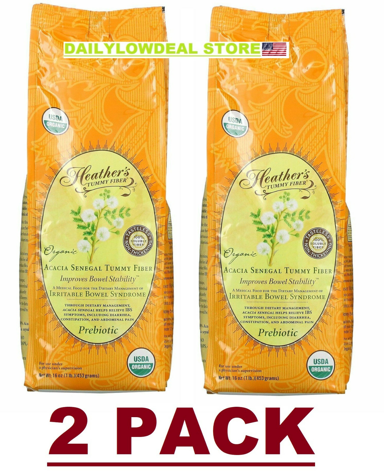 2 PACK Heather\'s Tummy Care Organic Acacia Senegal Tummy Fiber 16 oz Gluten-Free