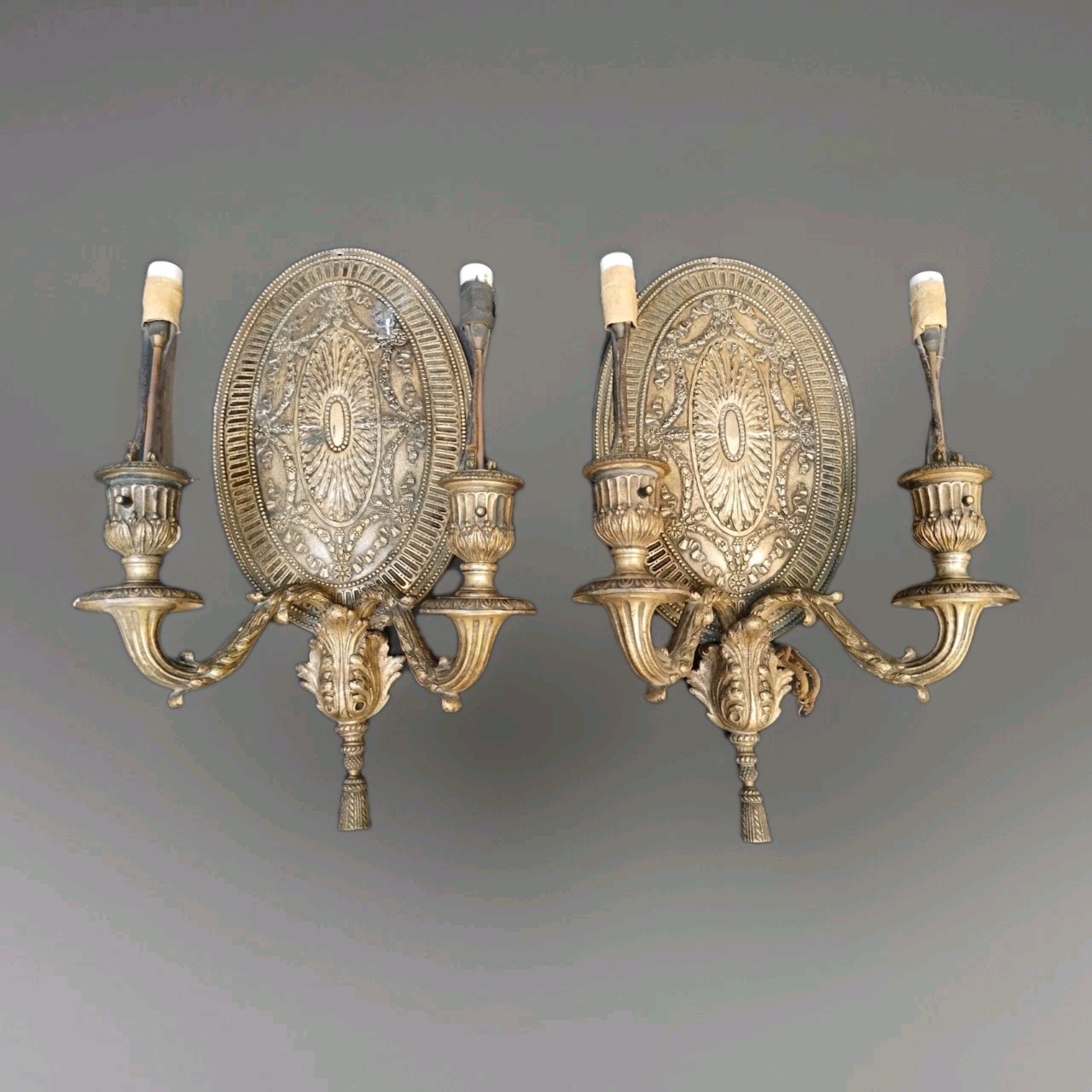 Large Early Pair Antique E F Caldwell Georgian Silver Bronze Wall Sconces 15x7 Large Early Pair Antique E F Caldwell Georgian Silver Bronze Wall Sconces 15x7