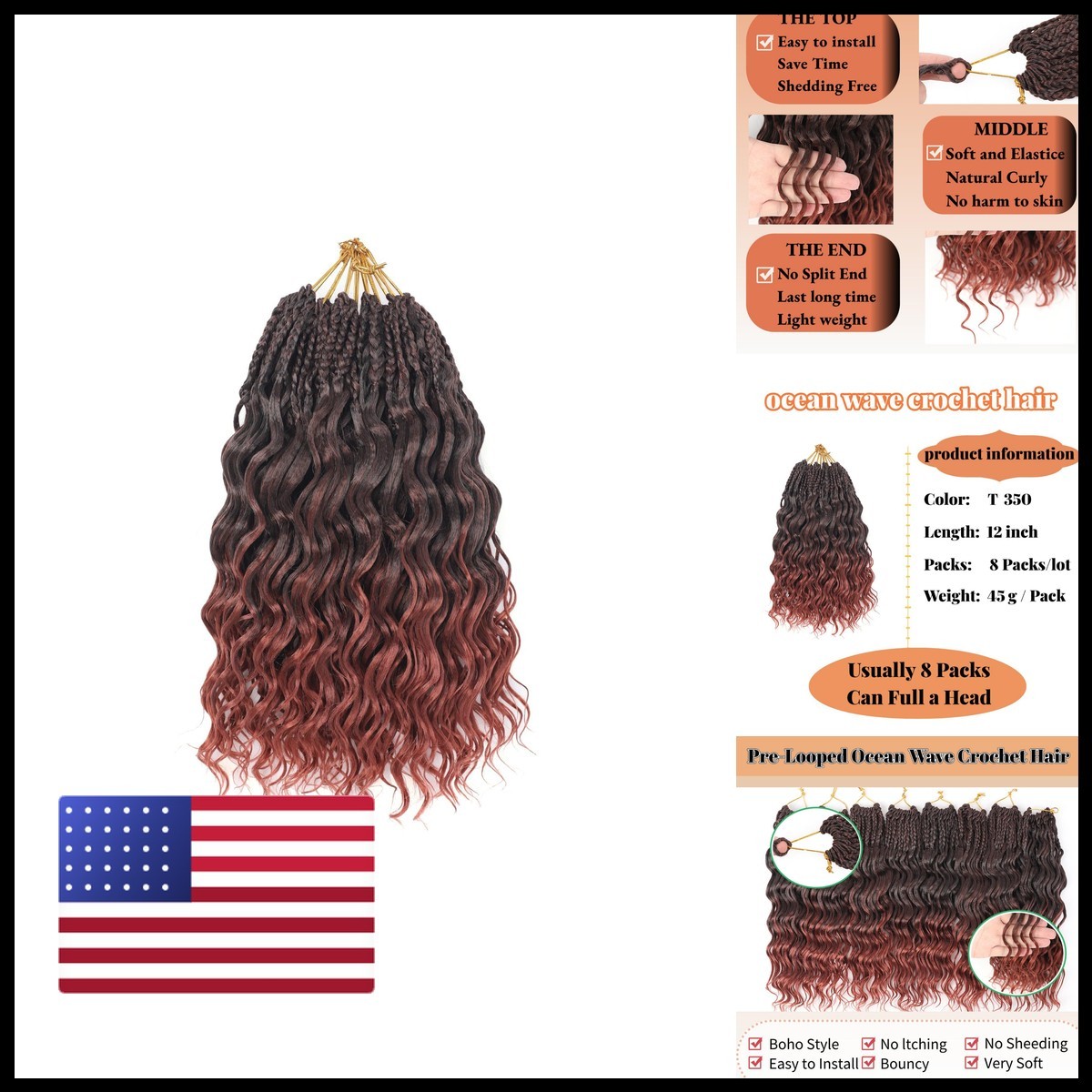 pojui 12 Inch Ocean Wave Crochet Hair 8 Packs Synthetic Pre-Looped 1B/350
