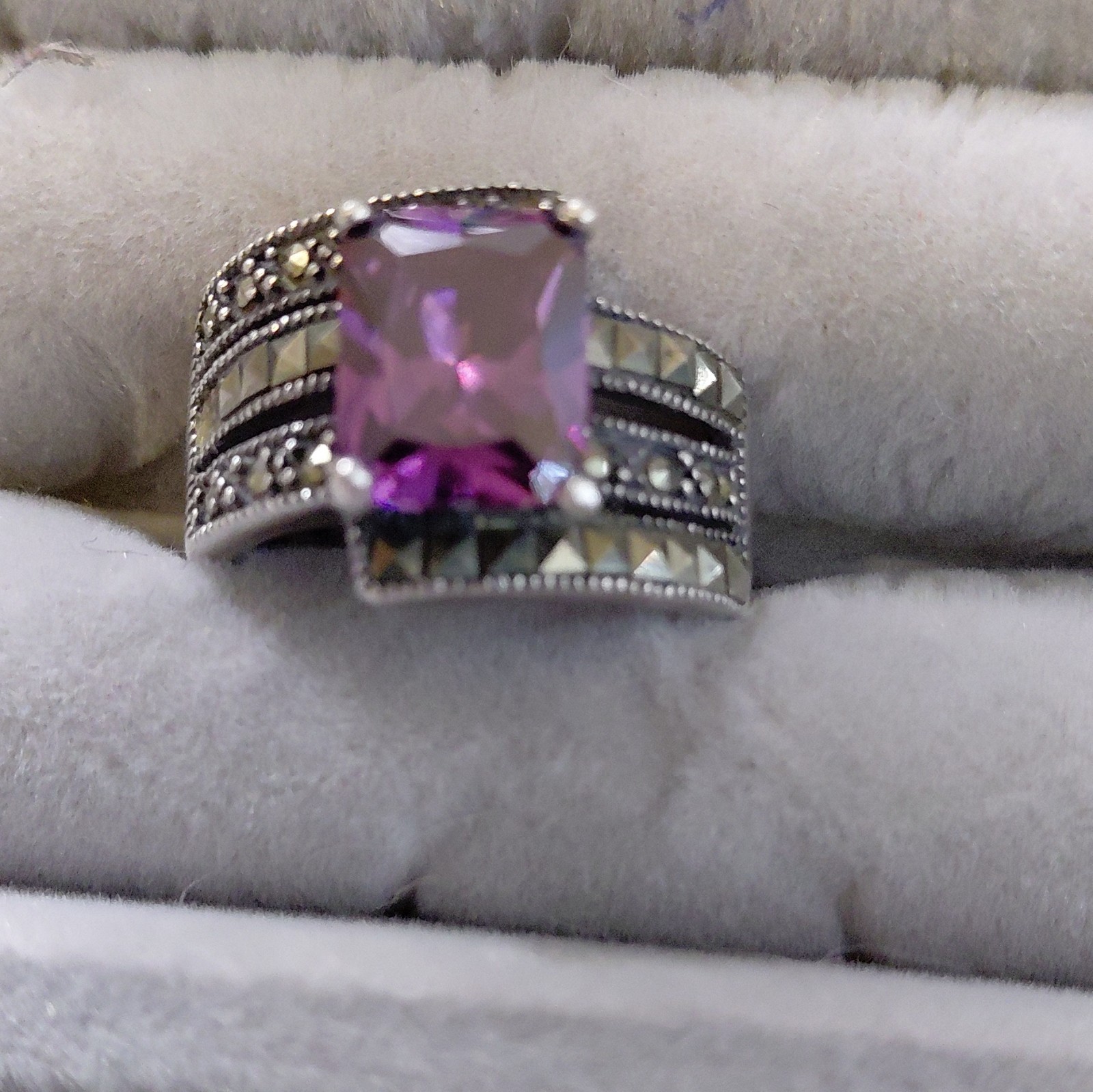 925 Sterling Silver Rectangular Purple Amethyst Prong Cocktail Ring Sz 8