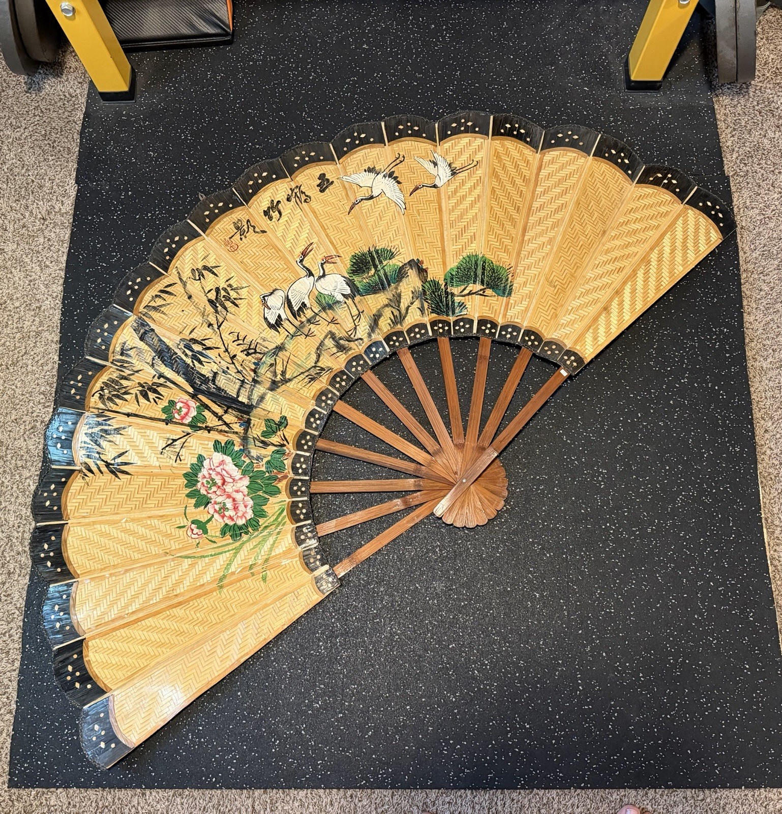 Vintage Hand Painted Oriental Folding Fan - Large Wall Hanging Art Decor 56x32 Vintage Hand Painted Oriental Folding Fan - Large Wall Hanging Art Decor 56x32