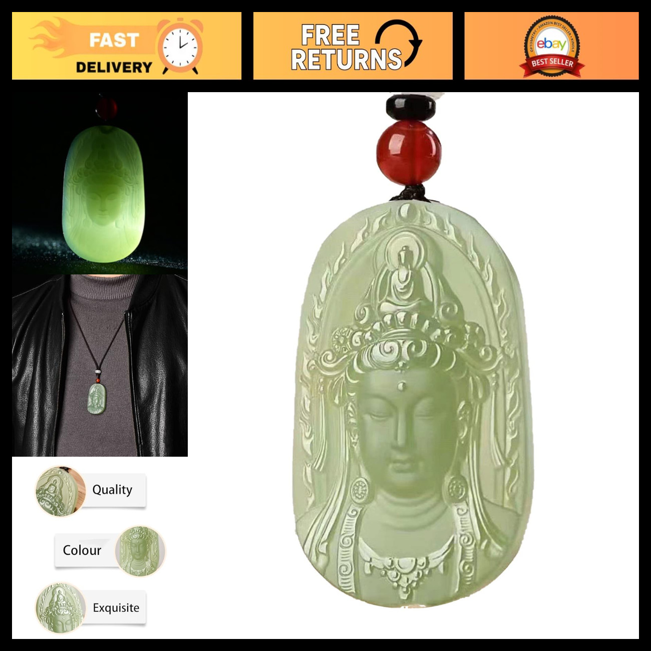 Hand Carved Jade Buddha Necklace, Tara Guan Yin Pendant, Feng Shui Jewelry, Luck