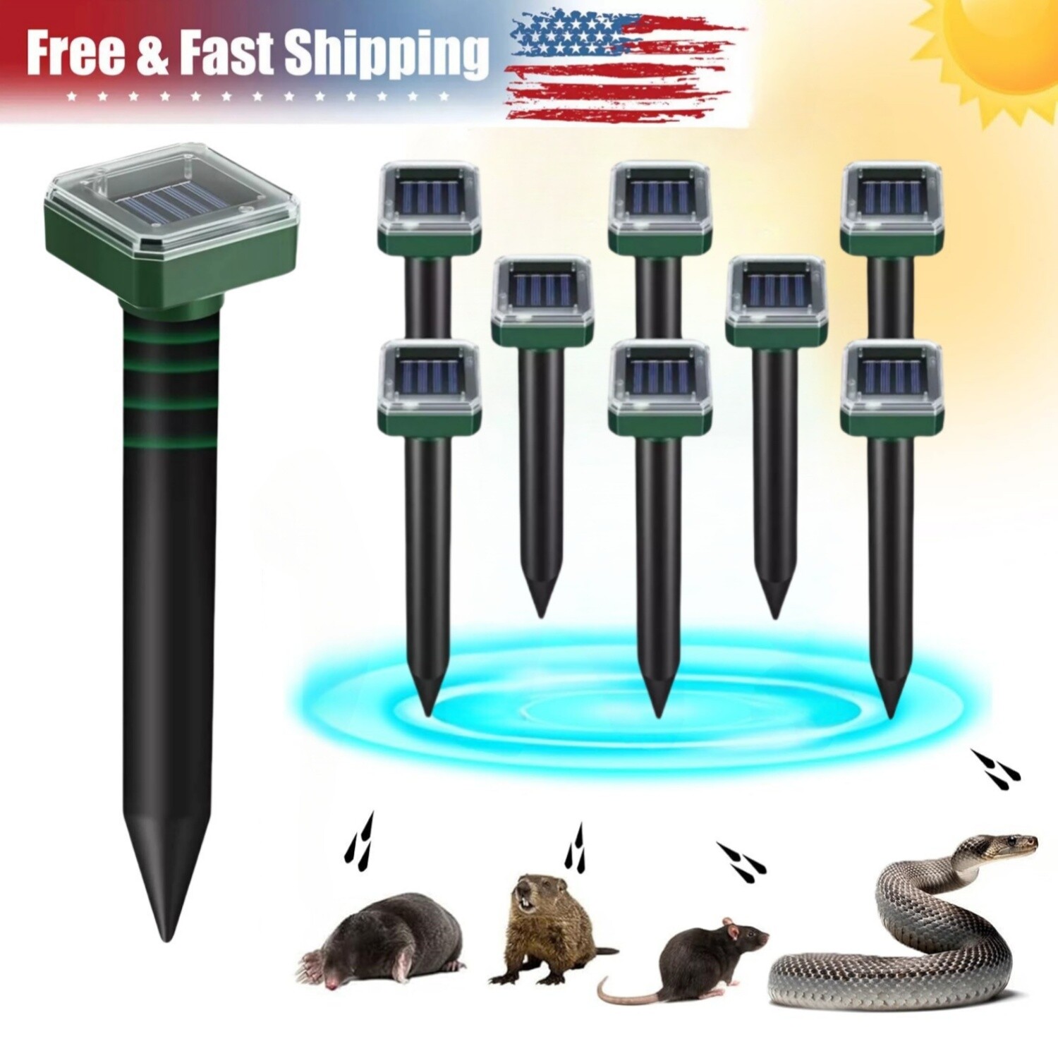 8/16PACK Solar Power Ultrasonic Mice Gopher Mole Pest Snake Repellent Repeller
