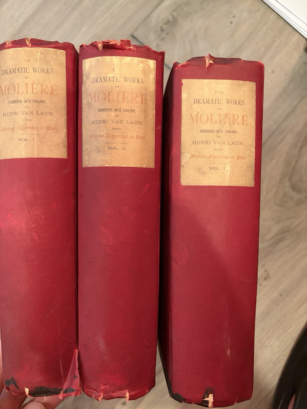 Antique Molière Dramatic Works 3 Vol Set Henri Van Laun Steel Engravings c1880