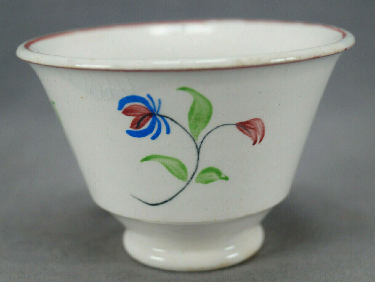 British Staffordshire Hand Enameled Red & Blue Floral Pearlware Tea Bowl C.1830