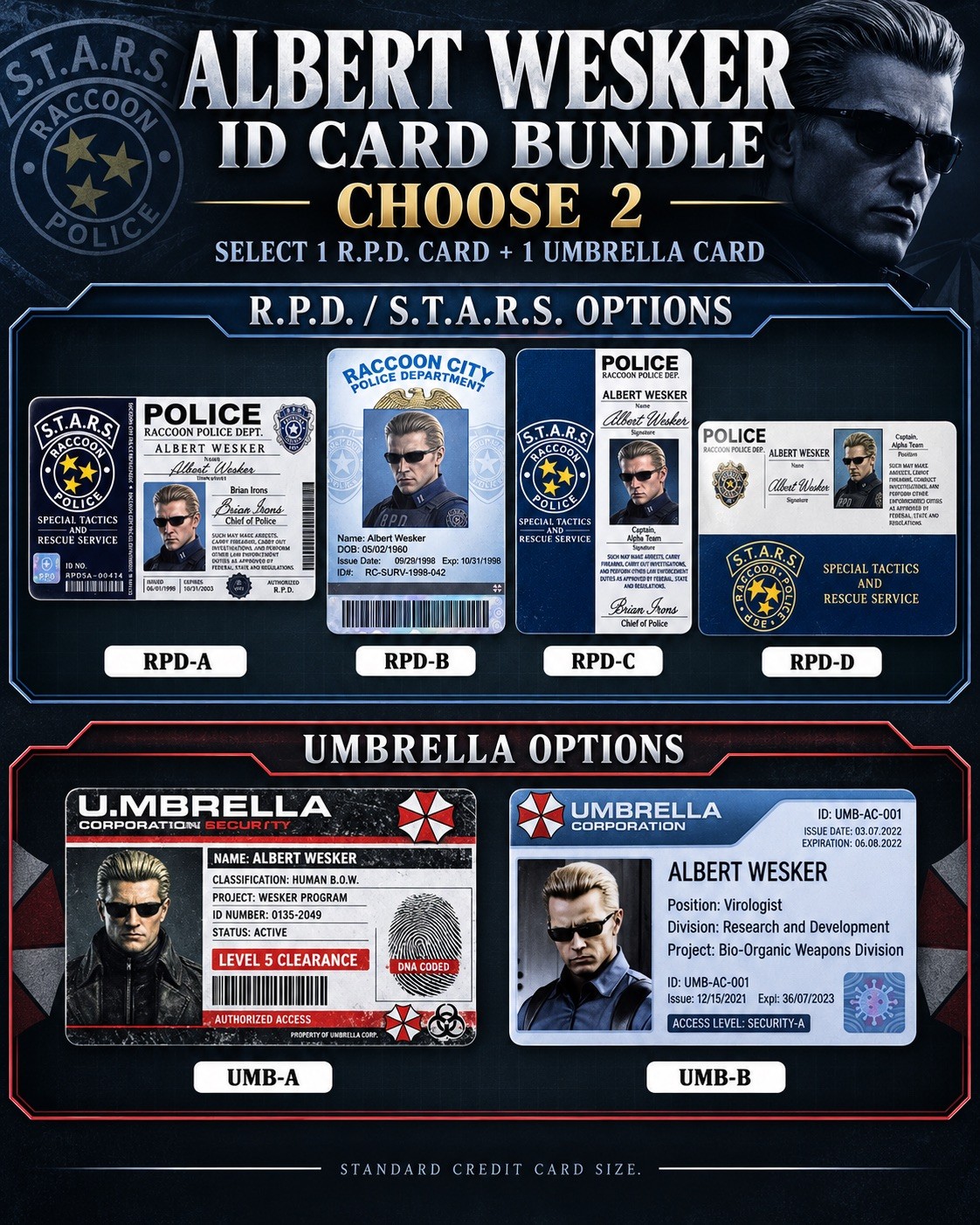 Choose 2 Albert Wesker character cards  Resident Evil Umbrella Corporation RPD