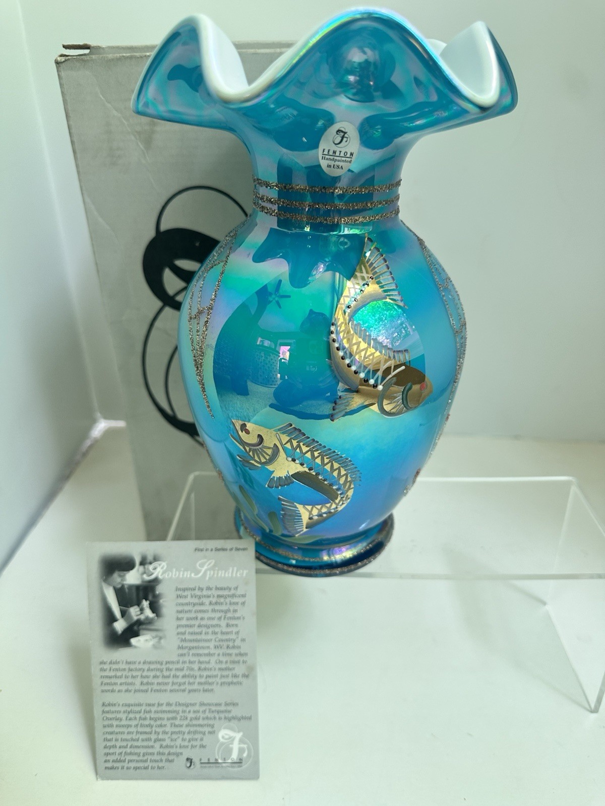 Fenton Designer Showcase Iridized Turquoise Overlay Koi Seascape Vase. Signed