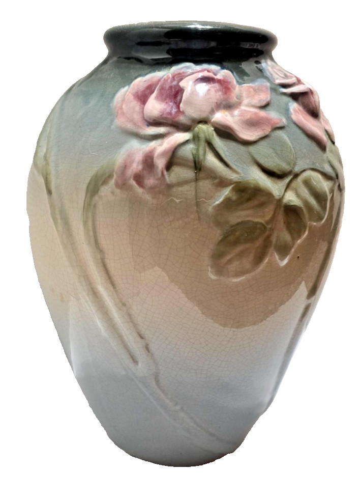 VINGTAGE WELLER ETNA ART POTTERY VASE IN BLUE PINK ROSE FROM 1906 13\'\' TALL VINGTAGE WELLER ETNA ART POTTERY VASE IN BLUE PINK ROSE FROM 1906 13\'\' TALL