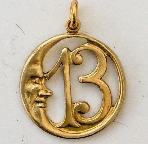 LUCKY 13 Crescent Moon Pendant Charm. Gold Tone.  Retro Vintage style Good Luck.