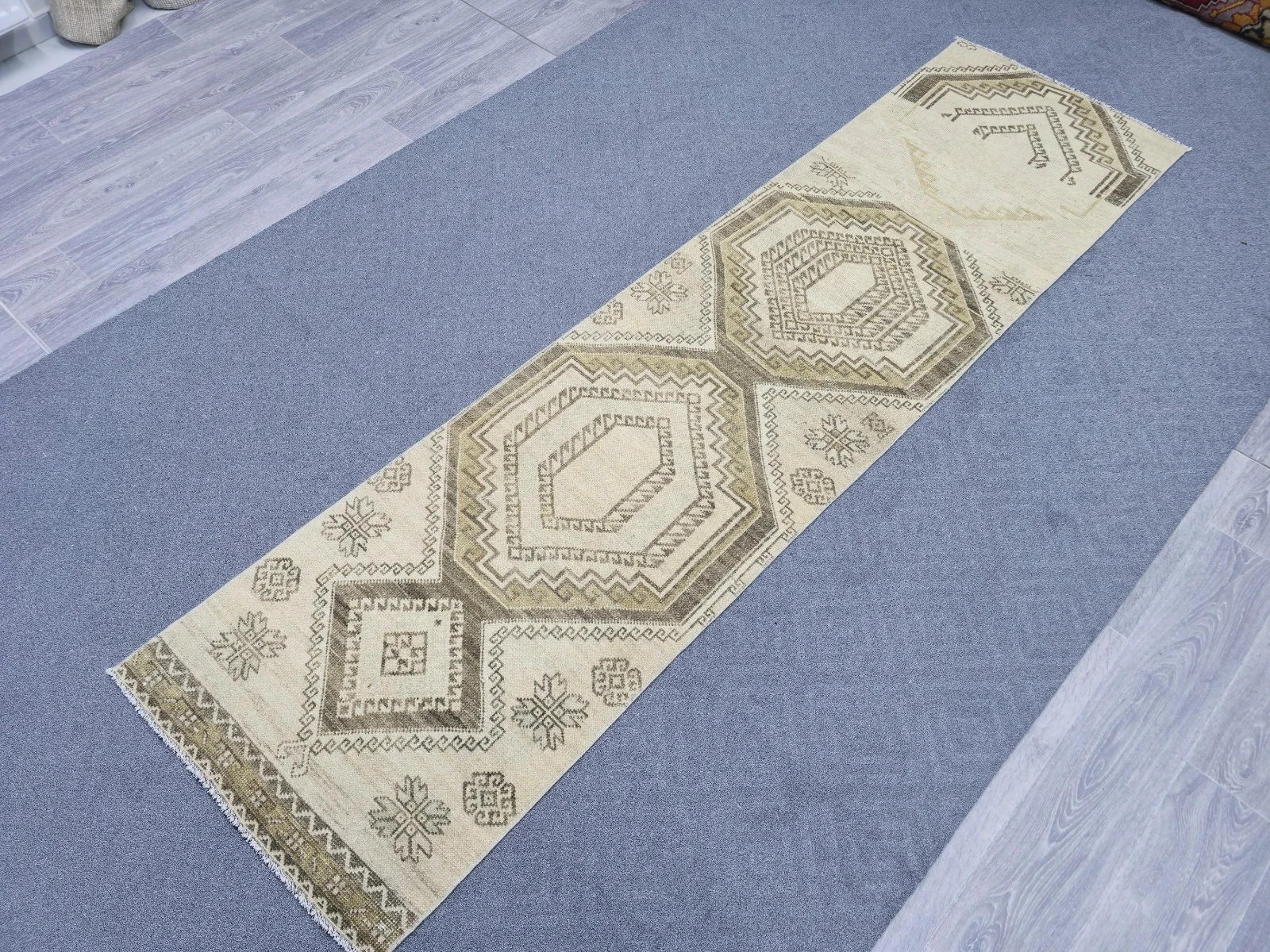 2x9 Geometric Cream Brown Runner - Wool Muted Vintage Turkish Oushak Runner Rug