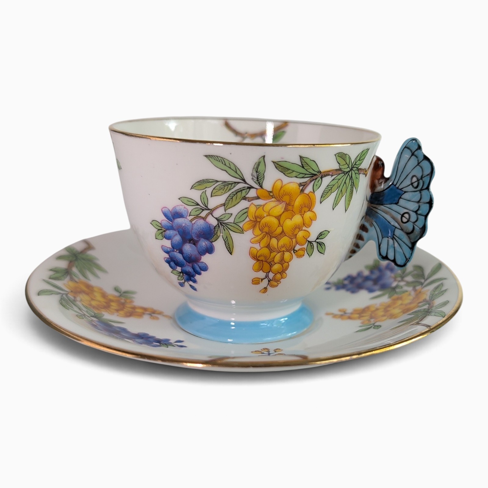 Antique 1930s Aynsley Butterfly Teacup Wisteria Pattern Bone China Cup Saucer