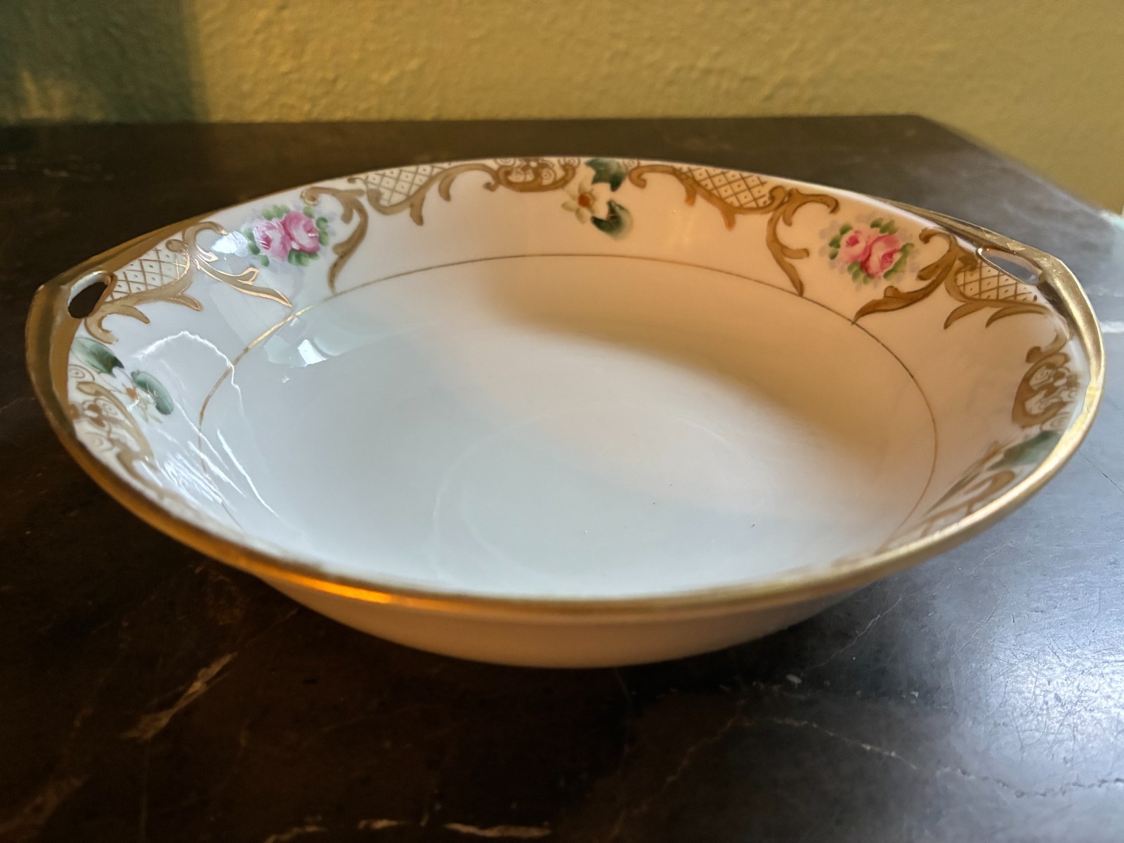 Antique Nippon  7 in. Two Handled Bowl - Hand Painted Floral Motif