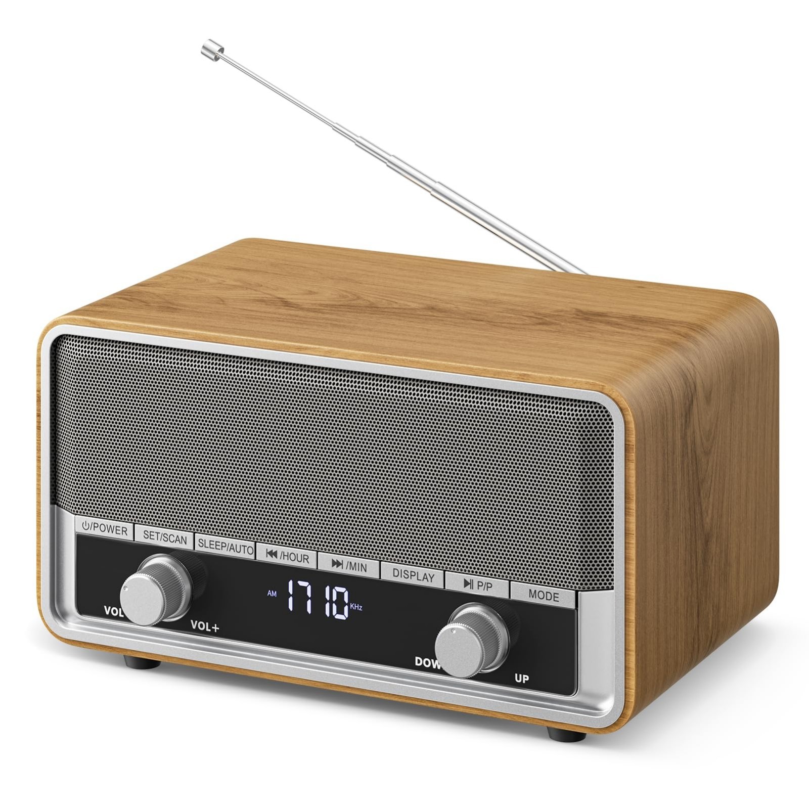 Vintage Wood Bluetooth Radio - AM FM, Clear LCD Display, Retro Style, Portable