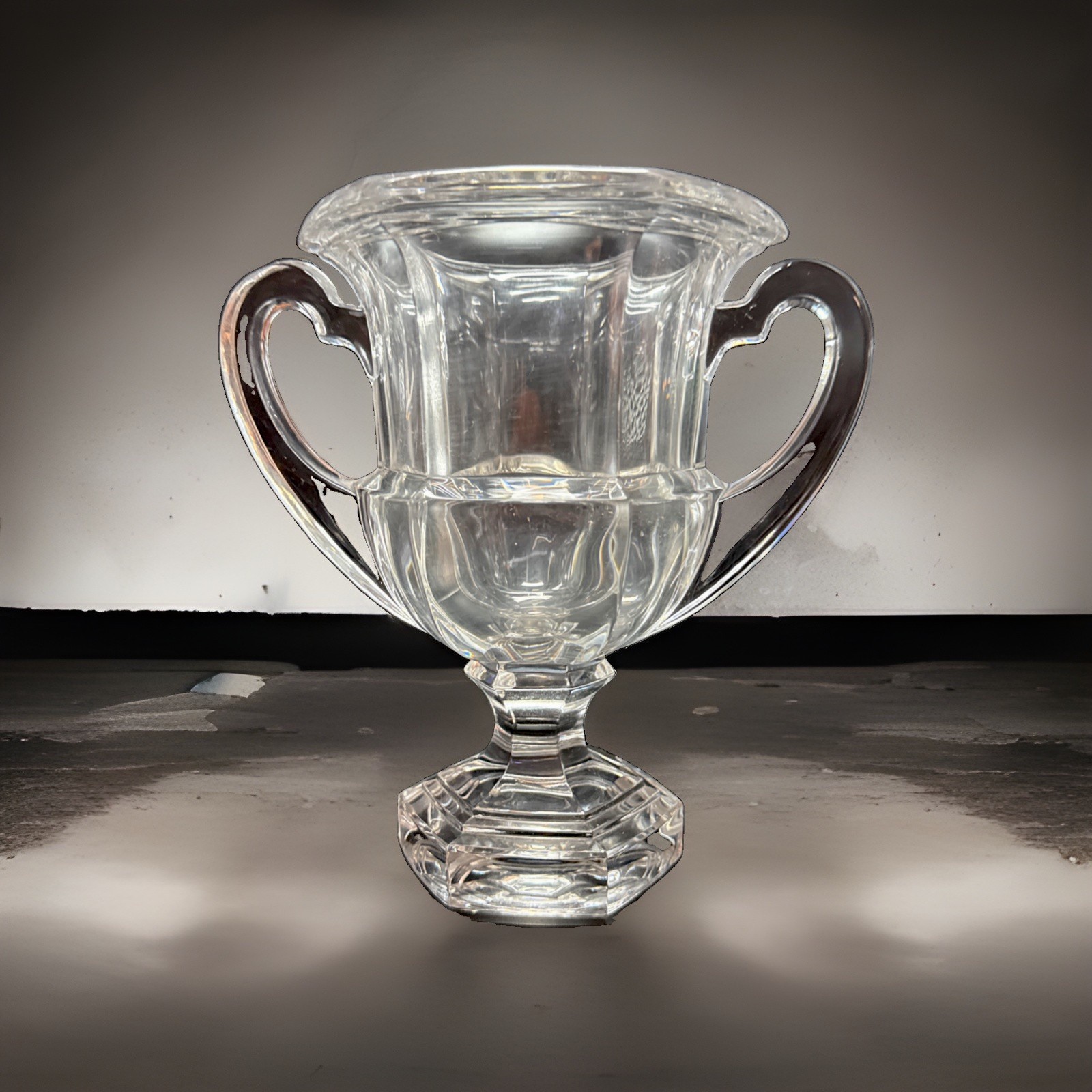 Tiffany & Co Lead Crystal Loving Cup Trophy Vase 7” Heart Handles Etched Mark