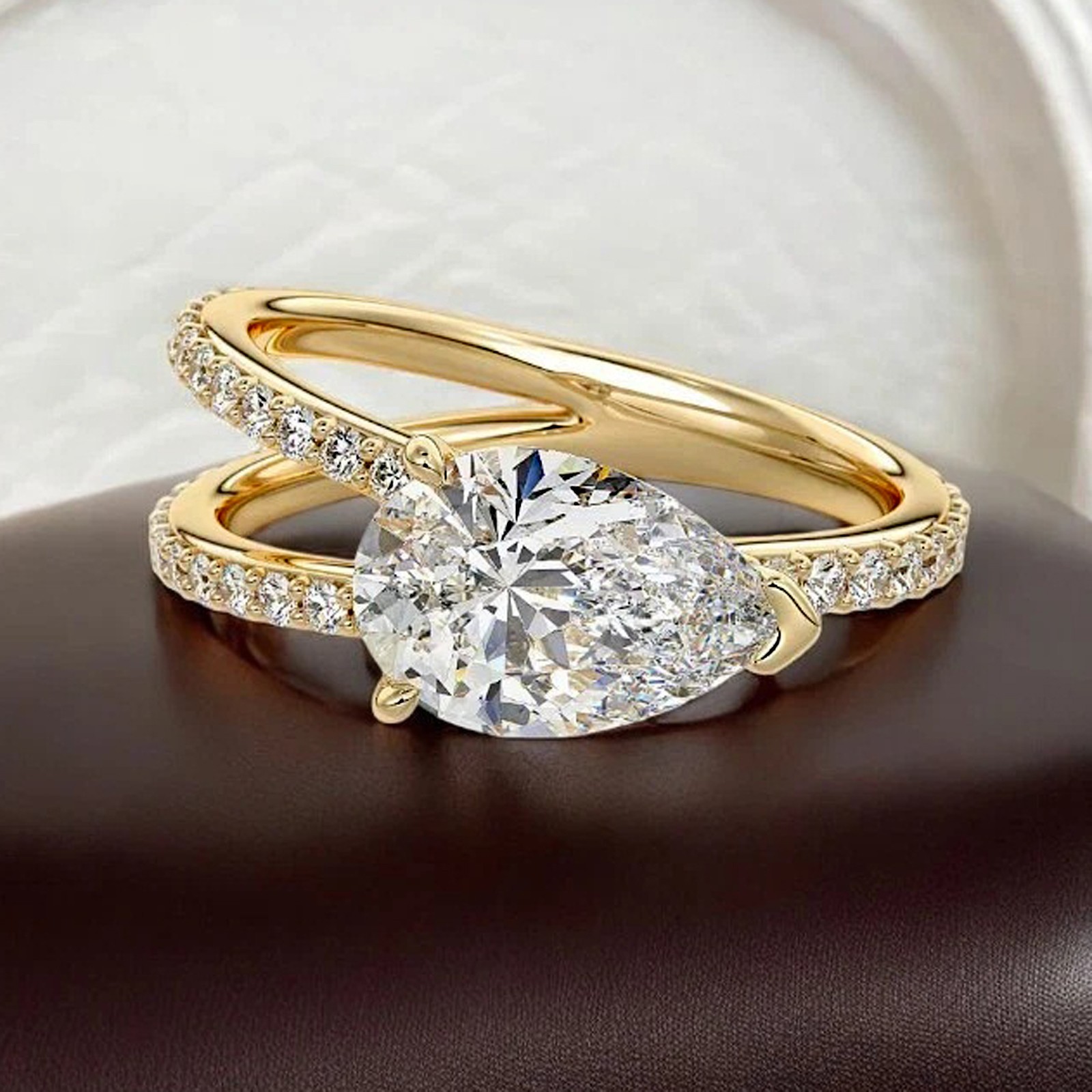 Certified White Diamond 5.60Cts. Pear Ring In Yellow Gold Finish - Tariffs Free