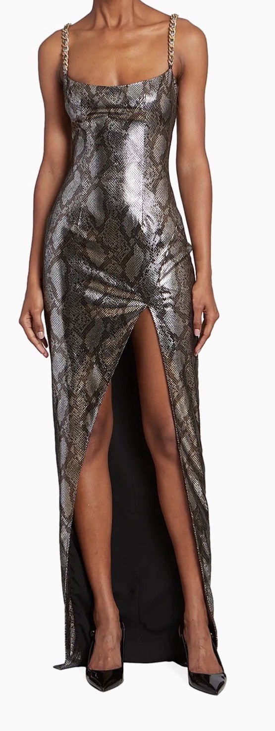 Authentic Balmain Chain-Detail Metallic Snake-Print Maxi Gown Size FR 38