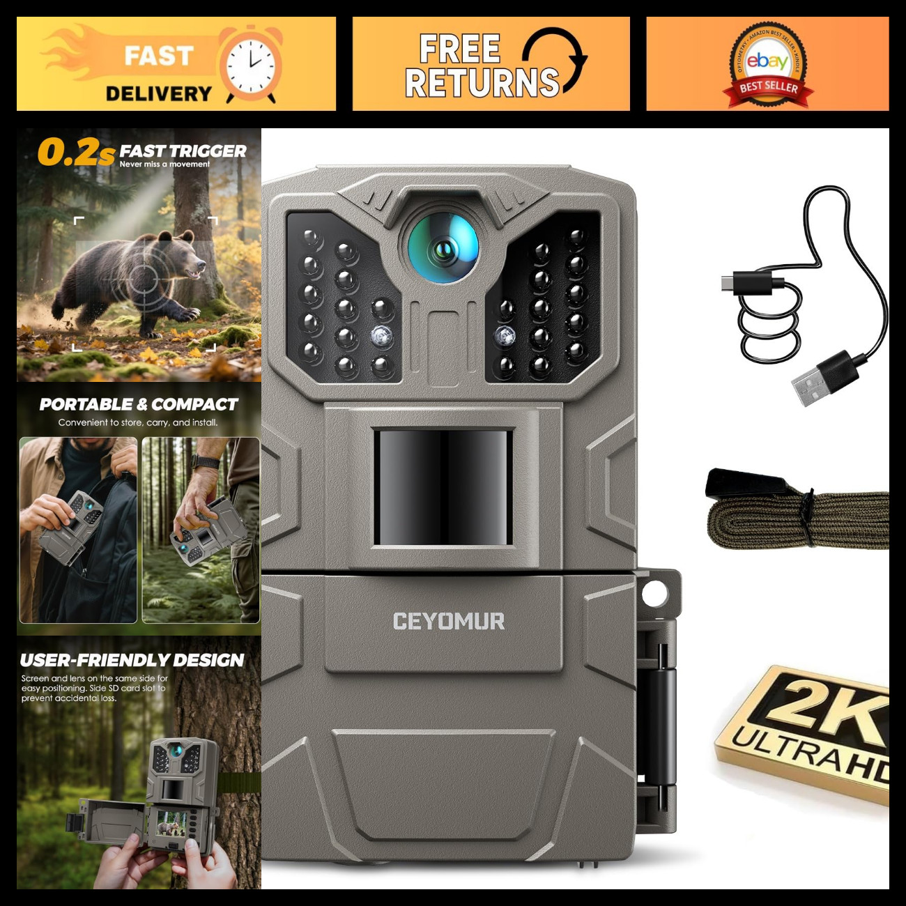 36MP HD Trail Camera with Night Vision, Motion Activated Wildlife Cam, Outdoor S