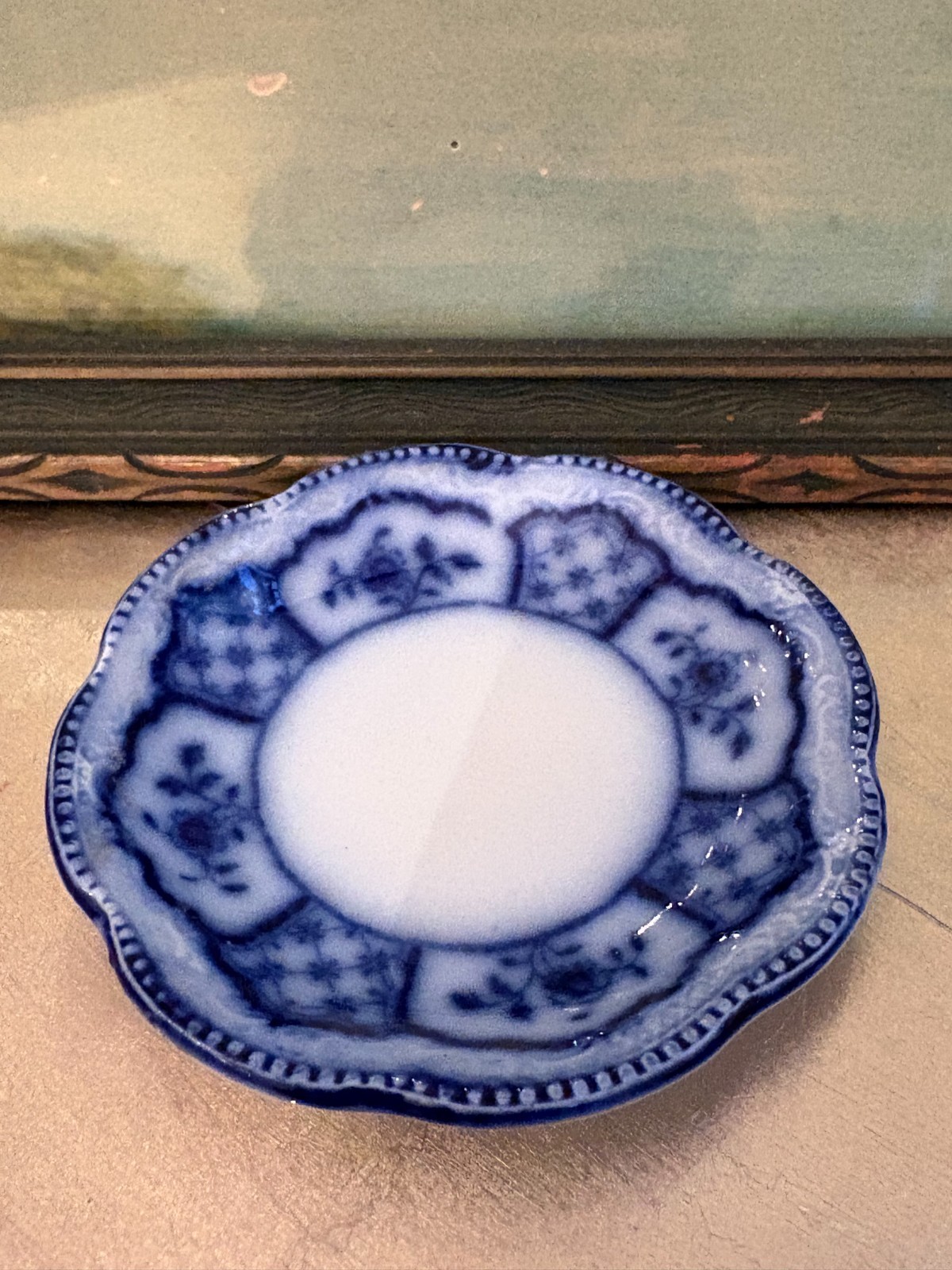 W.H Grindley & Co. Flow Blue Antique Butter Pat Plate - 3'' Melbourne Pattern W.H Grindley & Co. Flow Blue Antique Butter Pat Plate - 3'' Melbourne Pattern