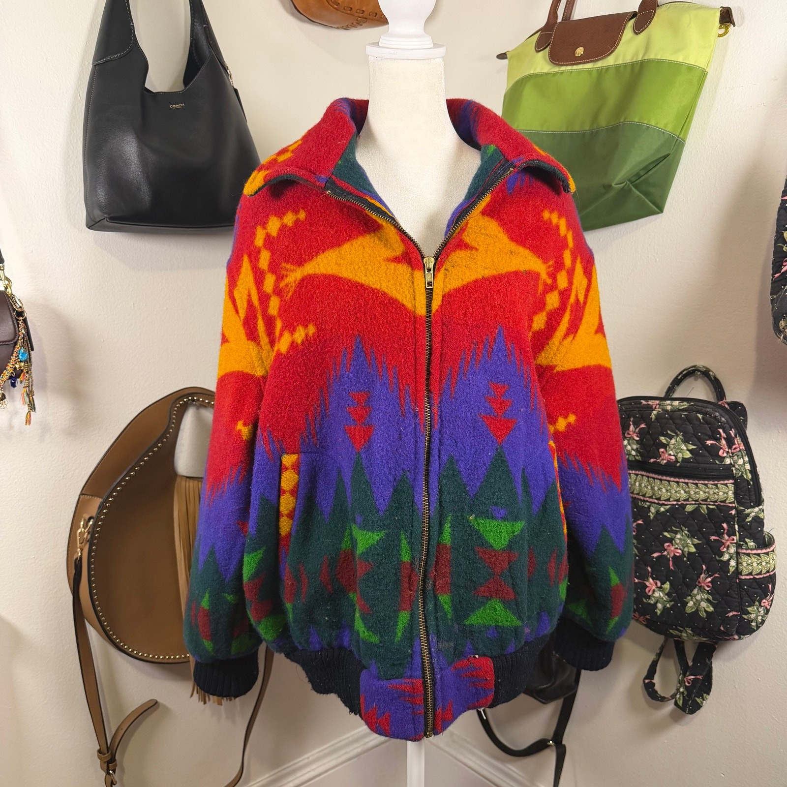 Vintage Circa 90s Gallery Southwestern Aztec Blanket Bomber Jacket Red Purple L