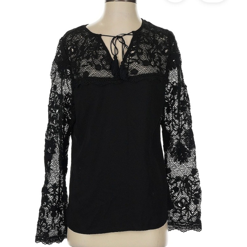 Adiva Black Floral Embroidered Long Sleeve Sheer Lace Yokes Blouse, Sz XL