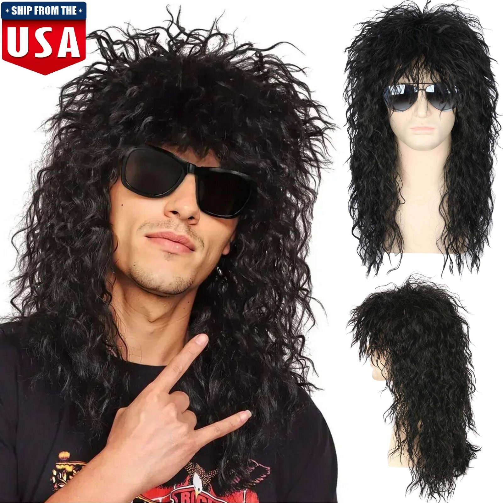 Men’s 80s Black Mullet Wigs Punk Heavy Metal Long Curly Rocker Male Hair Wig USA