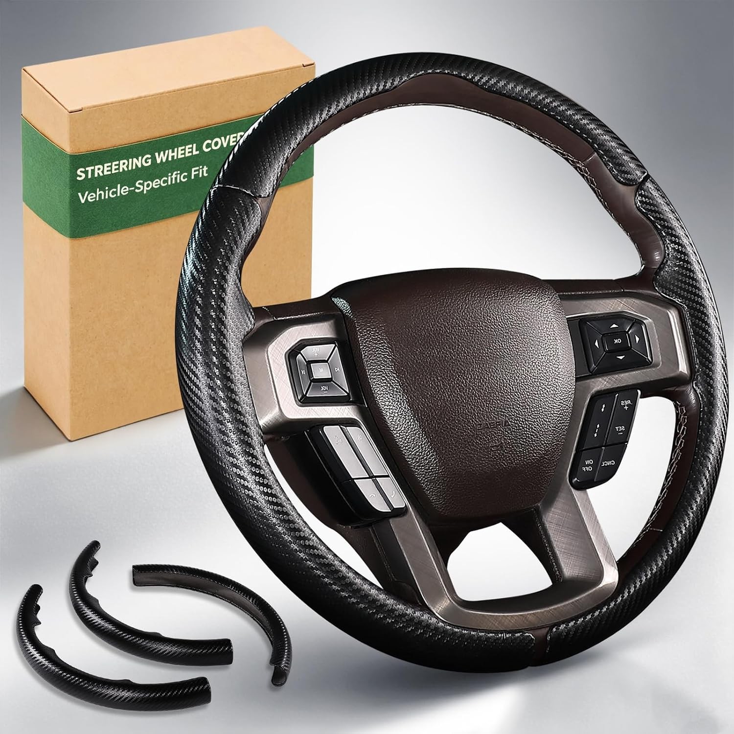Customized Car Steering Wheel Cover for Ford F150 2015-2020, Black Leather