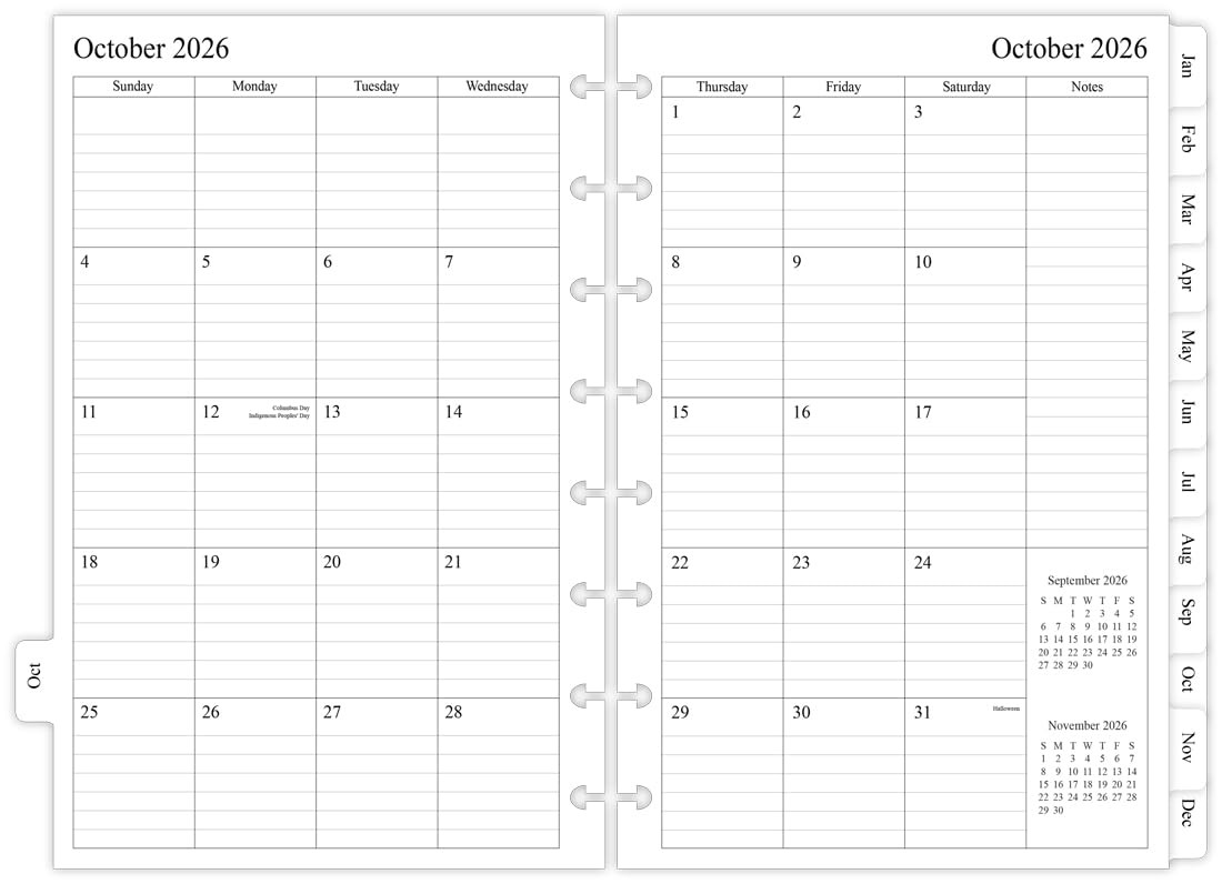 2026-2027 Monthly Planner Refill for 8-Discbound Notebook, Two Pages Per