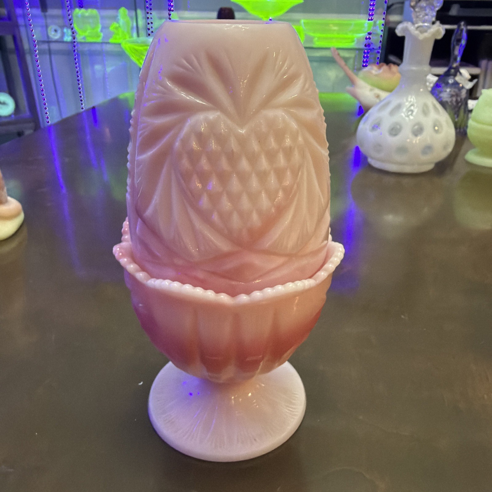 Vintage Fenton Rosaline Pink Pineapple Heart 2 Piece Fairy Lamp (MINT)