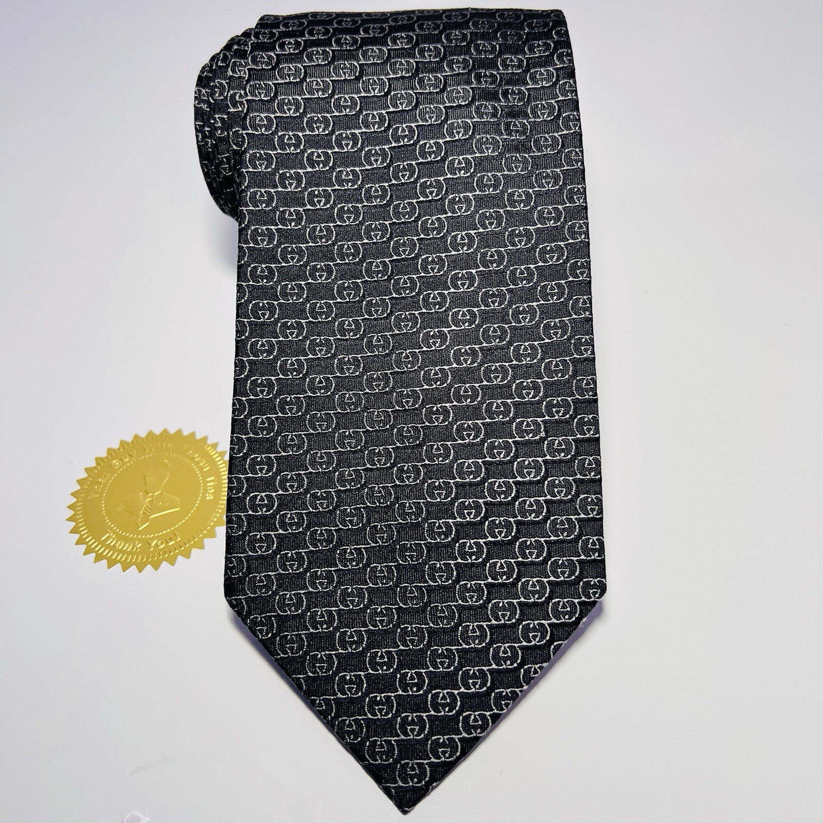 GUCCI Genuine Black Silk Luxury Tie w Silver “G” Logos All Over 60x3.75 NEW NWOT