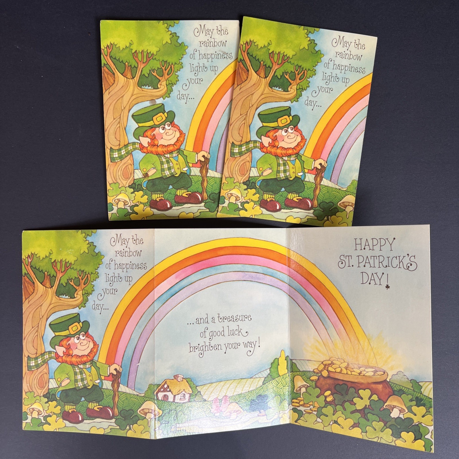 VTG St Patrick’s Day Greeting Cards Set 3 Unused Rainbow Leprechaun Mary Grace