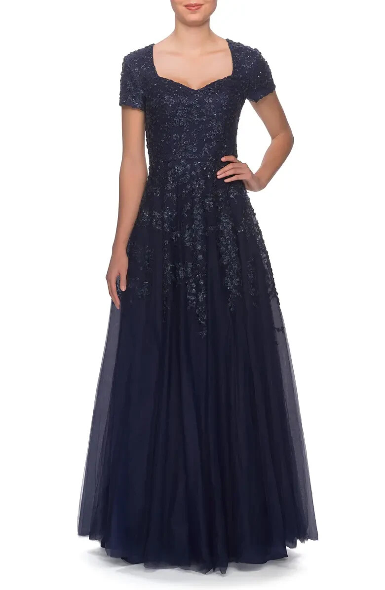 La Femme Navy Blue Embellished Sparkle Tulle A-Line Gown Size 6 $535
