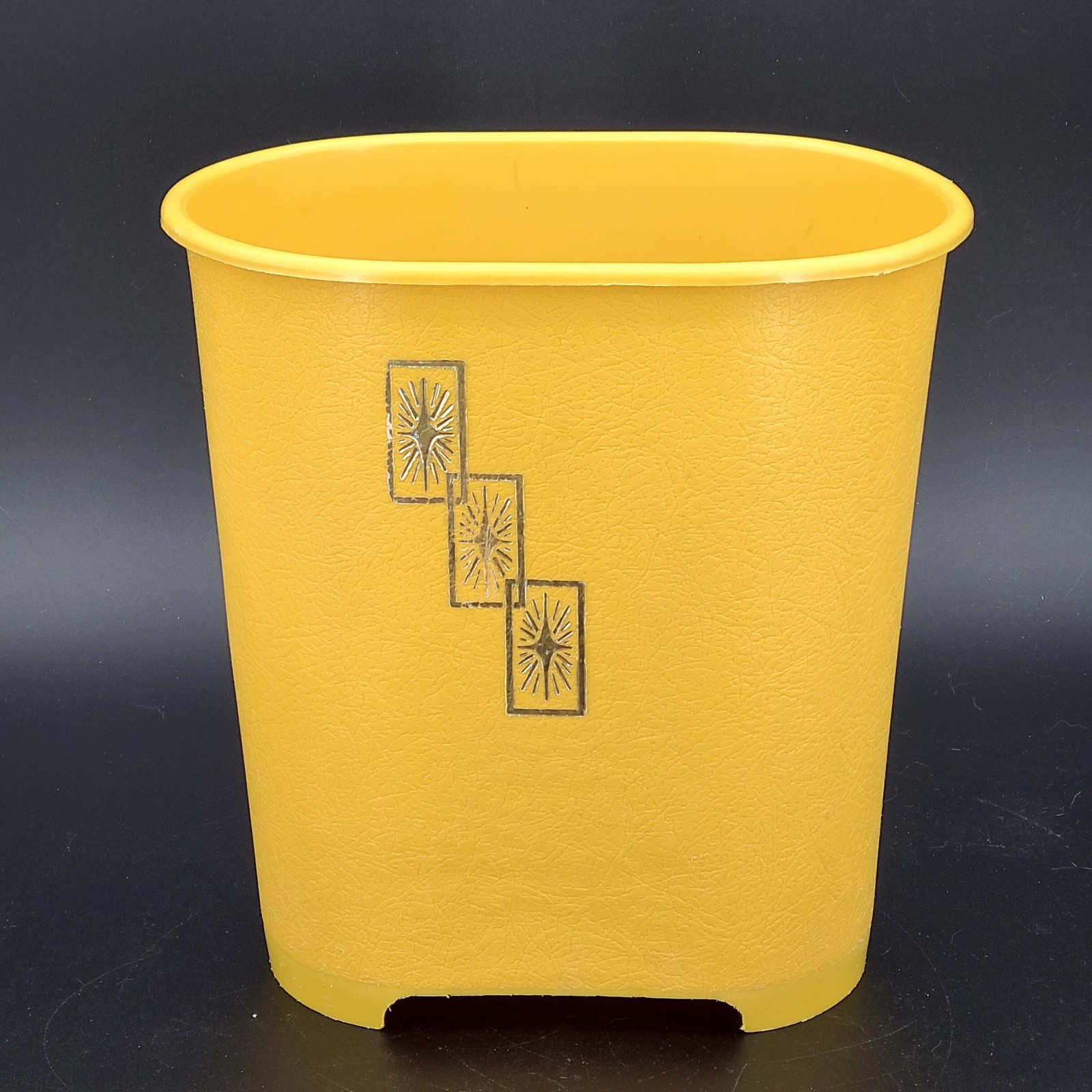 Vintage MCM Atomic Starburst Gold Plastic Wastebasket Trash Can 10
