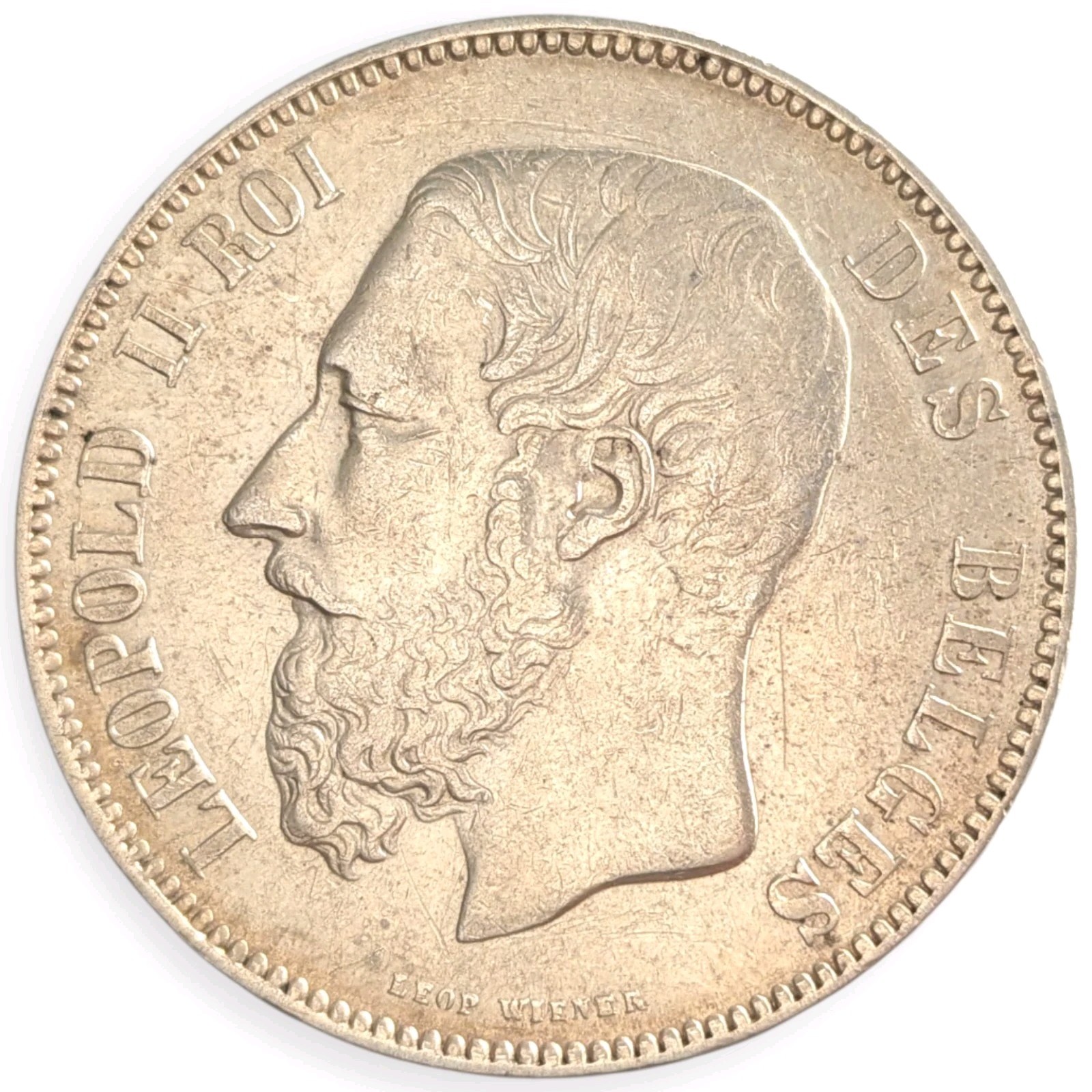 1873 Belgium Silver Five 5 Francs Leopold II Large Coin Brussels Mint 9M