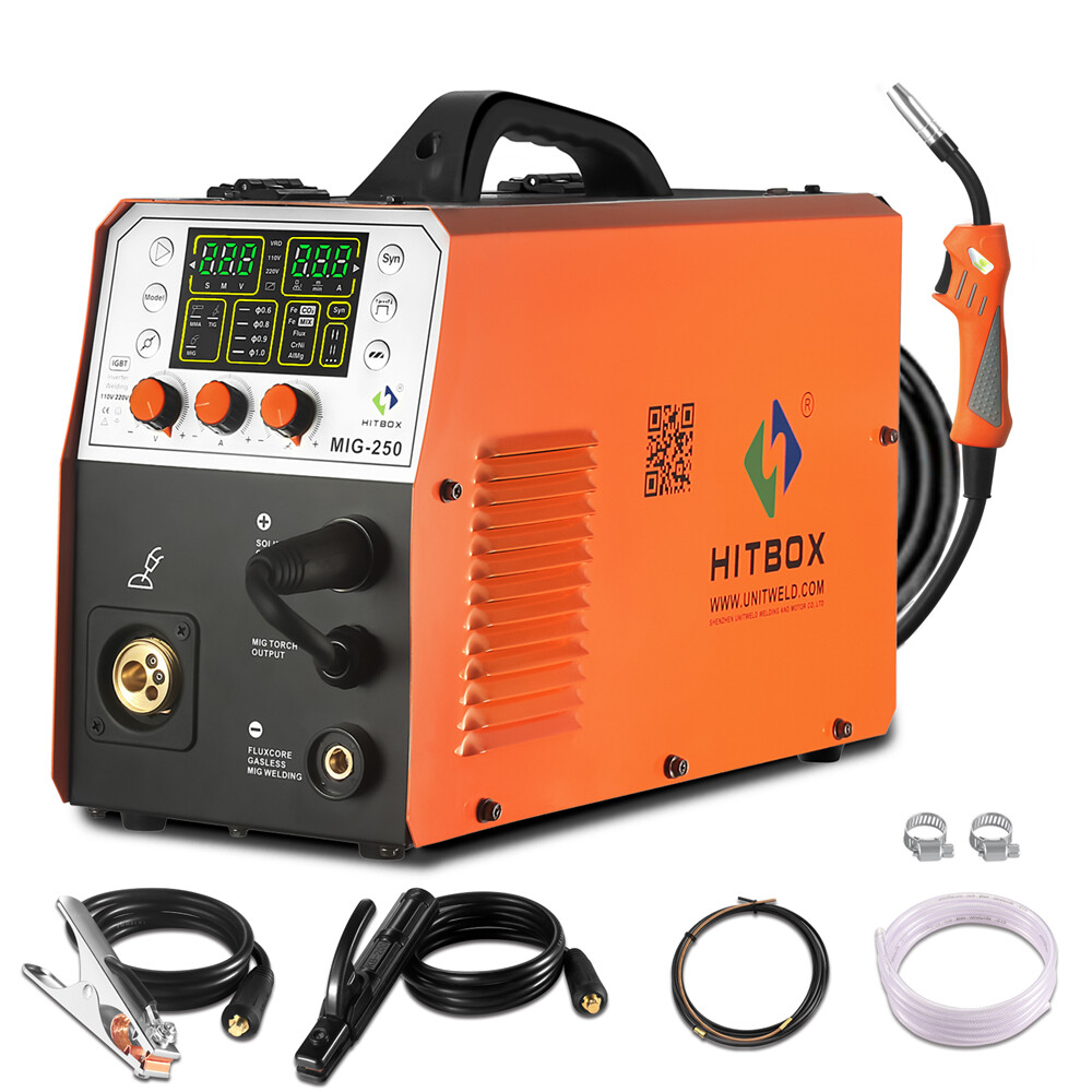 HITBOX 5-IN-1 250A MIG Welder Gas/Gasless MIG TIG Stick for Aluminum USA Ship