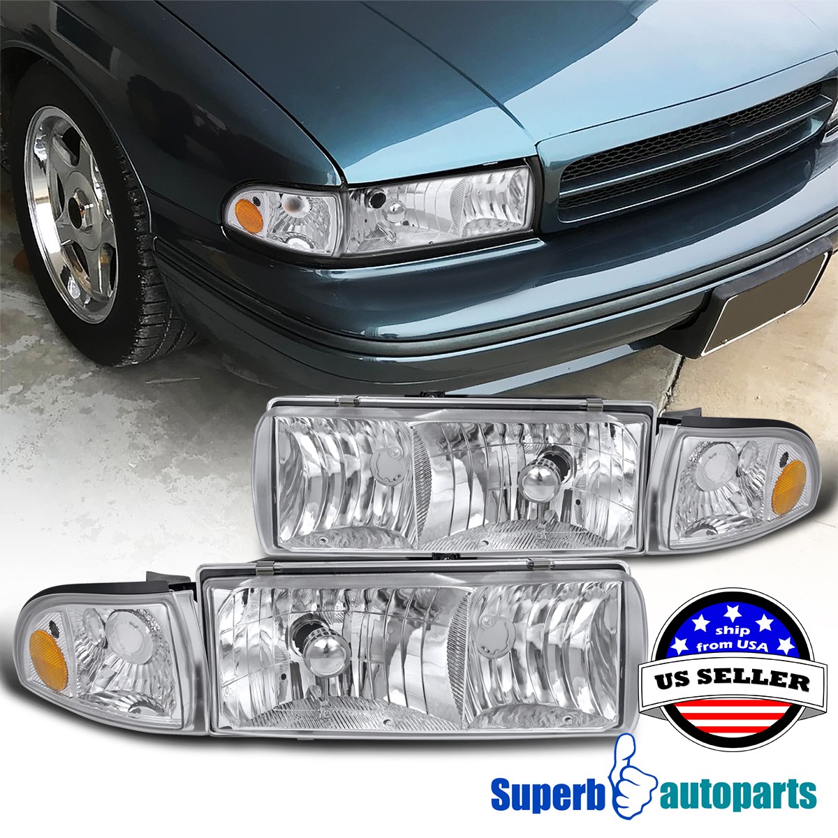 Fits 1994-1996 Chevy Impala Headlights Head Lamp w/ Corner Lights 91-96 Caprice Fits 1994-1996 Chevy Impala Headlights Head Lamp w/ Corner Lights 91-96 Caprice