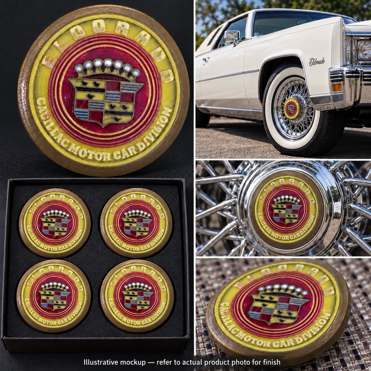 Cadillac Eldorado Wheel Center Cap Emblems Vintage Style Gold Burgundy Set of 4
