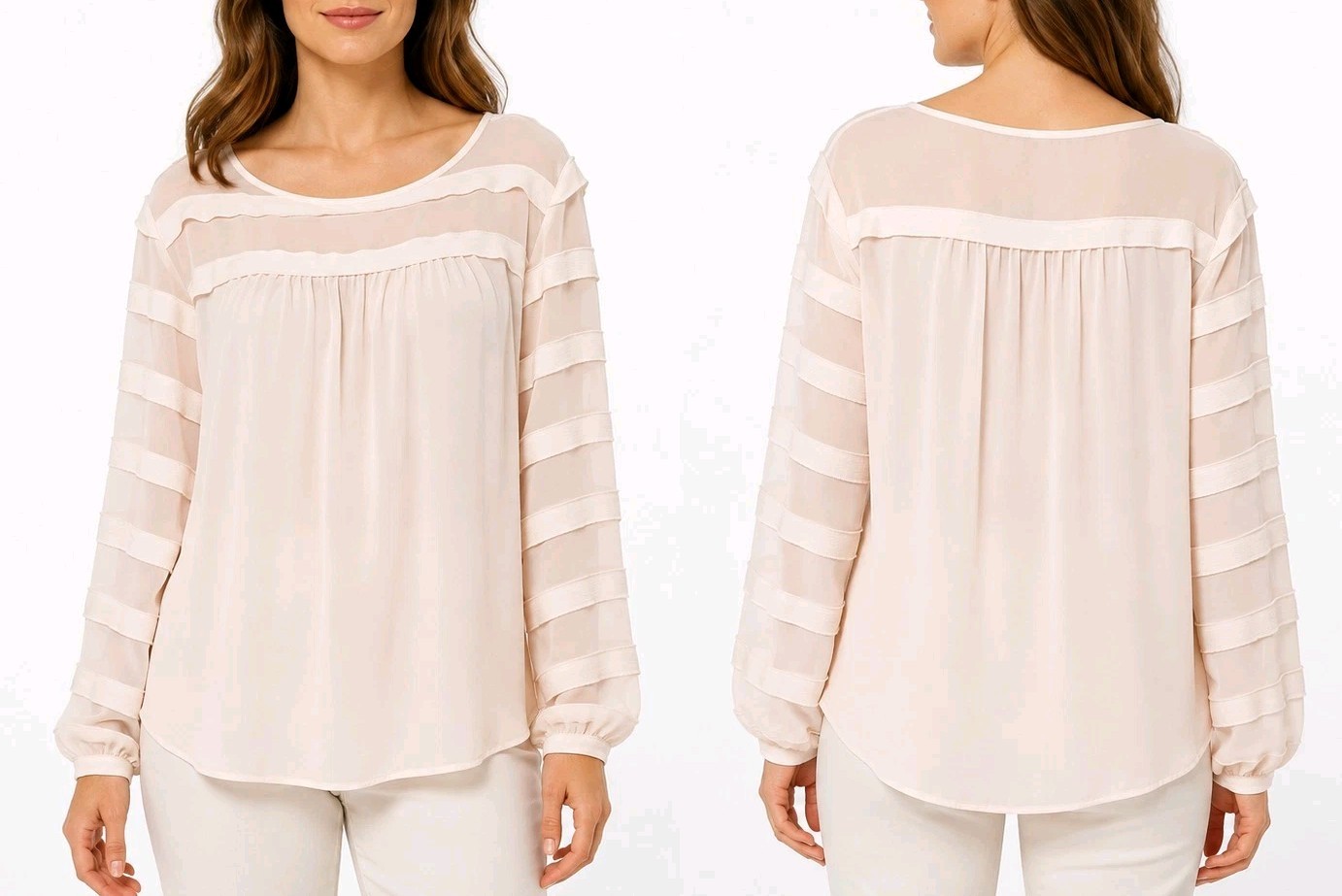 LOFT Blouse Top Ruffled Sheer Long Button  Sleeves Chiffon Sz  M Pale Peach 