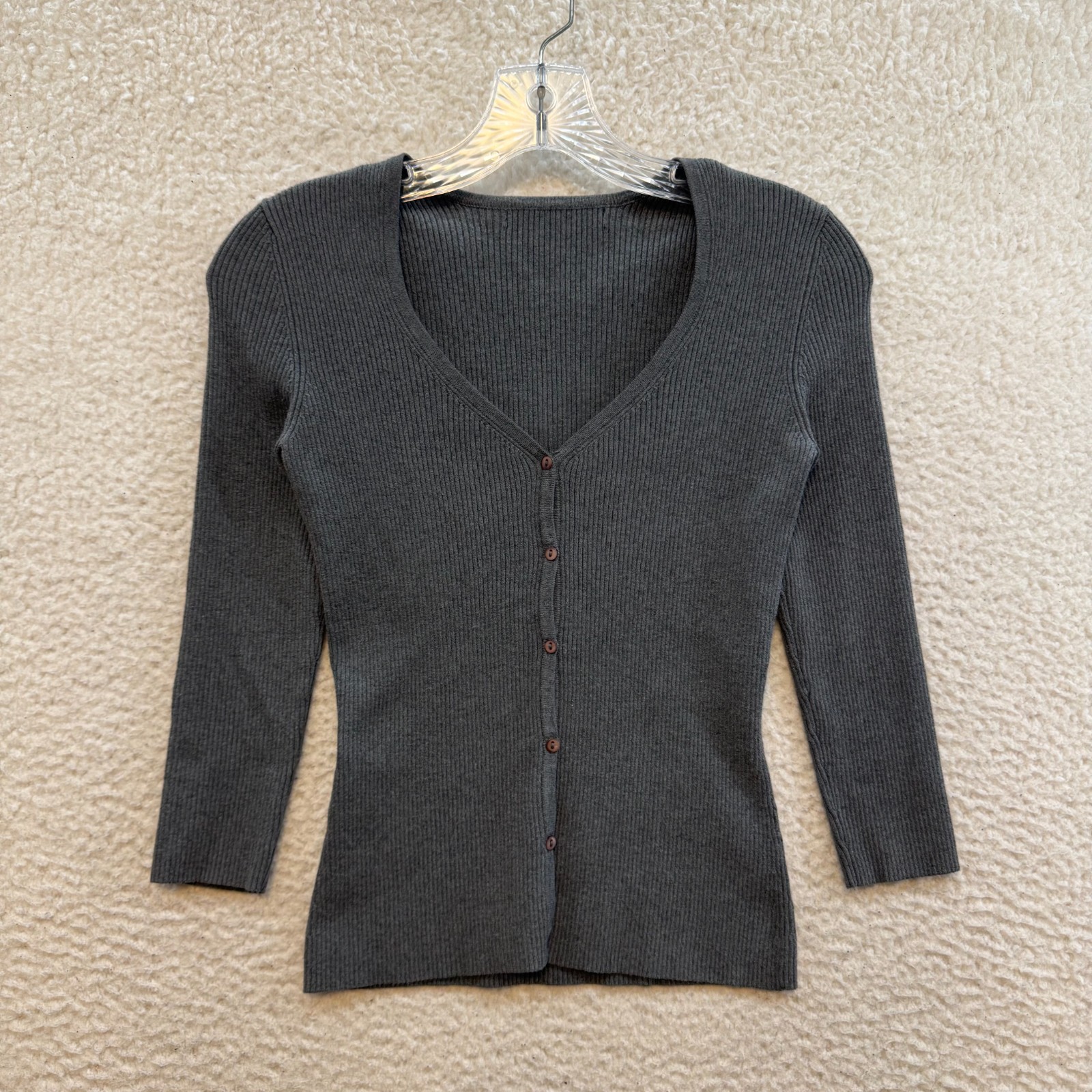 Y2K Vintage Express Cardigan Top XS Small Grey Knit 3/4 Sleeve V-Neck Corpcore Y2K Vintage Express Cardigan Top XS Small Grey Knit 3/4 Sleeve V-Neck Corpcore
